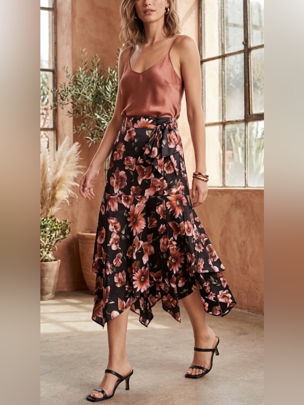 The Kooples Black Floral Asymmetrical Midi Skirt with Peach Blooms